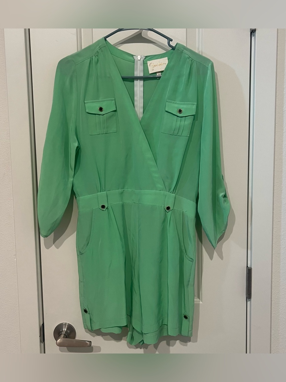 Yumi Kim Mint Green SILK  Wrap Romper size small emerald teal matcha green